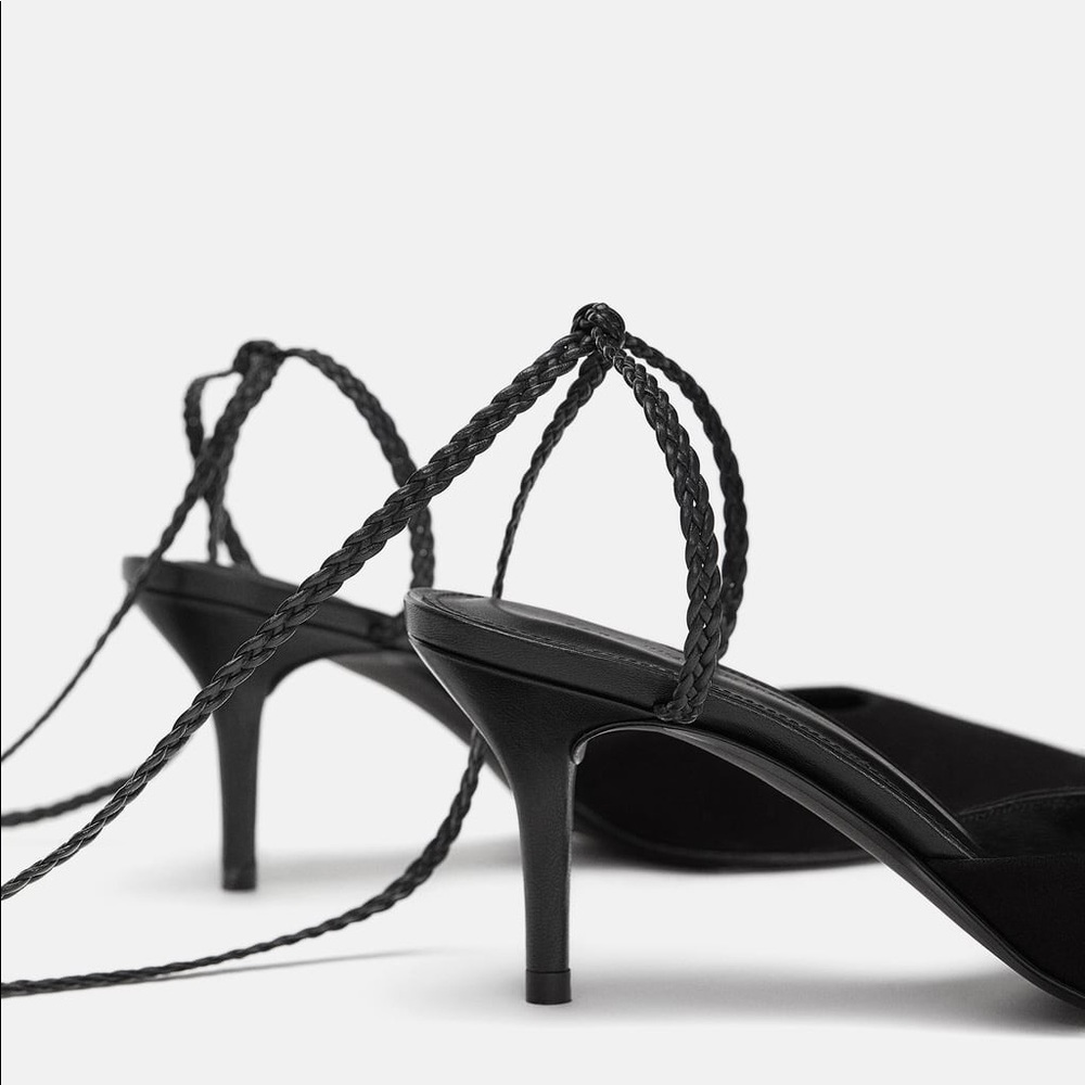 NWT Zara Black Leather Strappy Wraparound Heels - Picture 4 of 8